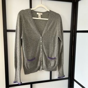 [M] Kenar 100% Cashmere Delicate Grey Button Down Cardigan Cute Purple Trim
